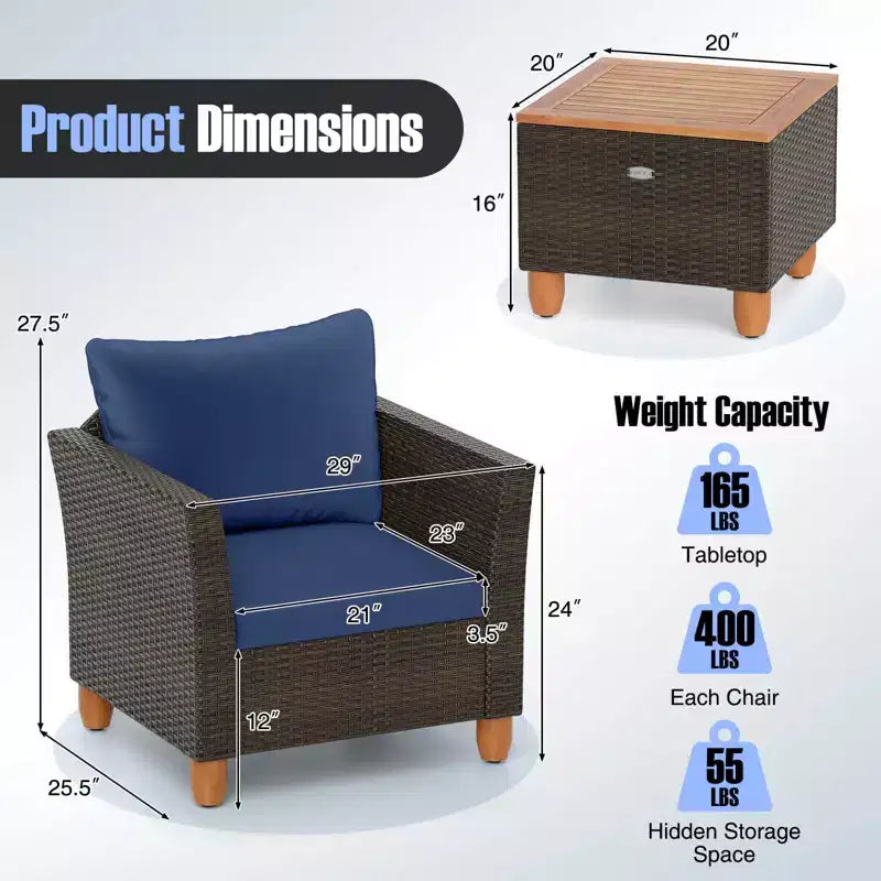 Costway 3 PCS Outdoor Patio Rattan Bistro Furniture Set Wooden Table Top Cushioned Sofa Gray/Black/Beige/Navy