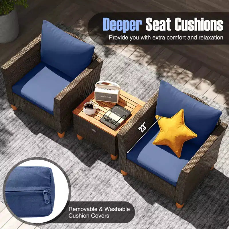 Costway 3 PCS Outdoor Patio Rattan Bistro Furniture Set Wooden Table Top Cushioned Sofa Gray/Black/Beige/Navy