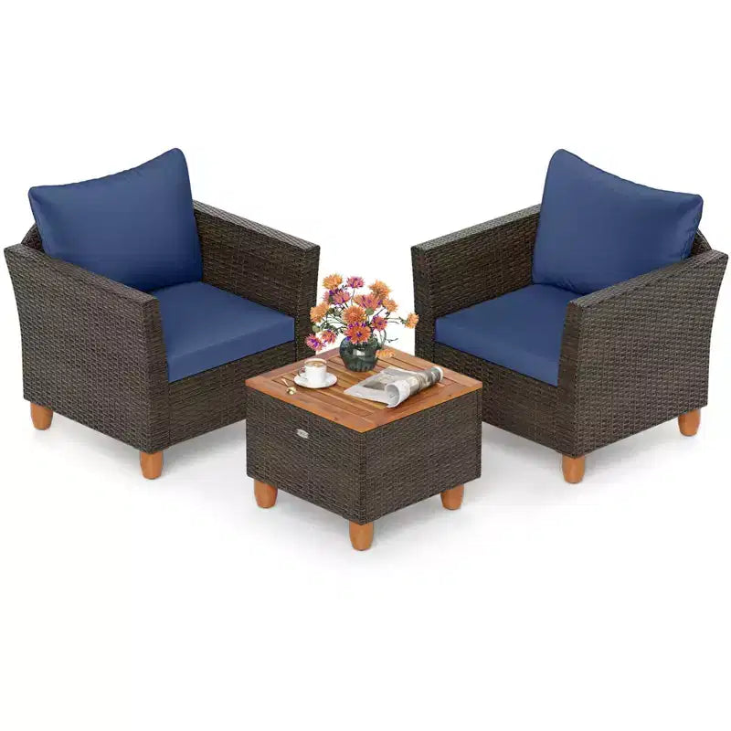 Costway 3 PCS Outdoor Patio Rattan Bistro Furniture Set Wooden Table Top Cushioned Sofa Gray/Black/Beige/Navy