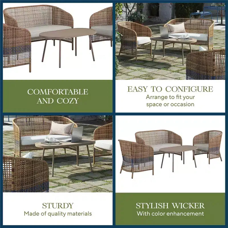 Novogratz Ava 4-Piece Wicker Conversation Set, Tan