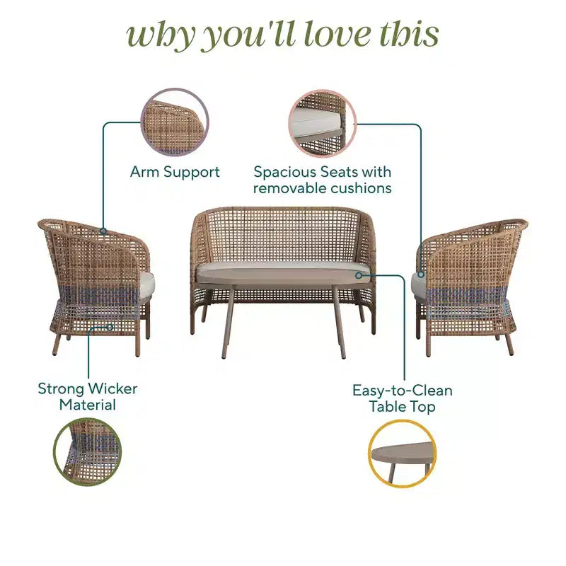 Novogratz Ava 4-Piece Wicker Conversation Set, Tan