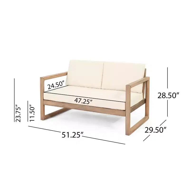GDFStudio Petteti Outdoor Acacia Wood Loveseat and Coffee Table Set with Cushions, Brown Wash/Beige