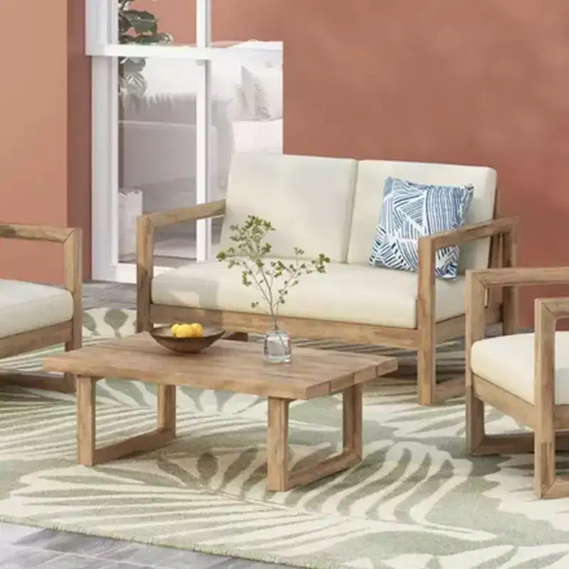 GDFStudio Petteti Outdoor Acacia Wood Loveseat and Coffee Table Set with Cushions, Brown Wash/Beige