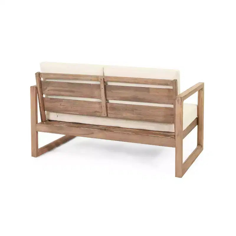 GDFStudio Petteti Outdoor Acacia Wood Loveseat and Coffee Table Set with Cushions, Brown Wash/Beige