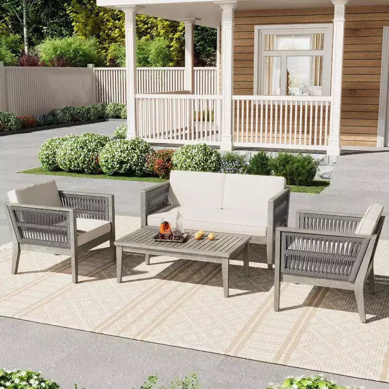 Christopher Knight Home Yan 4 Piece Patio Rope Woven Acacia Wood Seating Set with Water-Resisitant Cushion