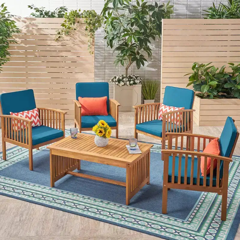 Christopher Knight Home Carolina Outdoor Acacia Wood 5 Piece Club Chair Chat Set with Cushions
