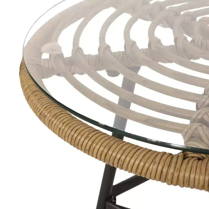 Christopher Knight Home Banya Outdoor Wicker and Iron 3 Piece Chat Set with Tempered Glass Table, Light Brown/Beige