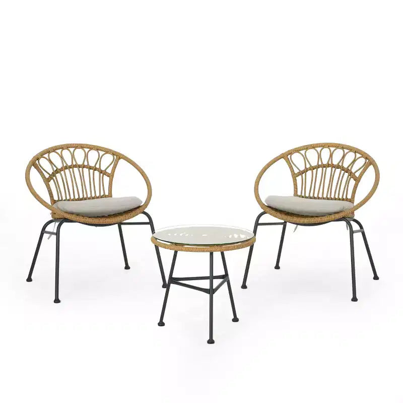 Christopher Knight Home Banya Outdoor Wicker and Iron 3 Piece Chat Set with Tempered Glass Table, Light Brown/Beige