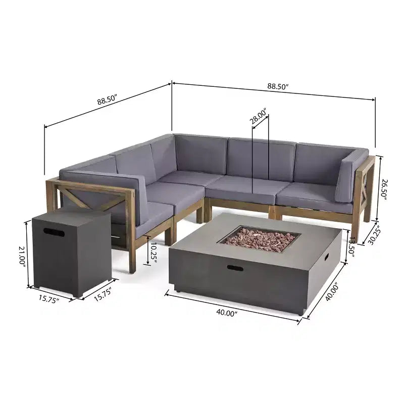 Christopher Knight Home Culatra, ensemble de canapés d'extérieur sectionnels 5 places en bois d'acacia avec foyer en fer de 50 000 BTU