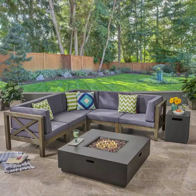 Christopher Knight Home Culatra Outdoor Acacia Wood 5 Seater Sectional Sofa Set with 50,000 BTU Iron Fire Pit
