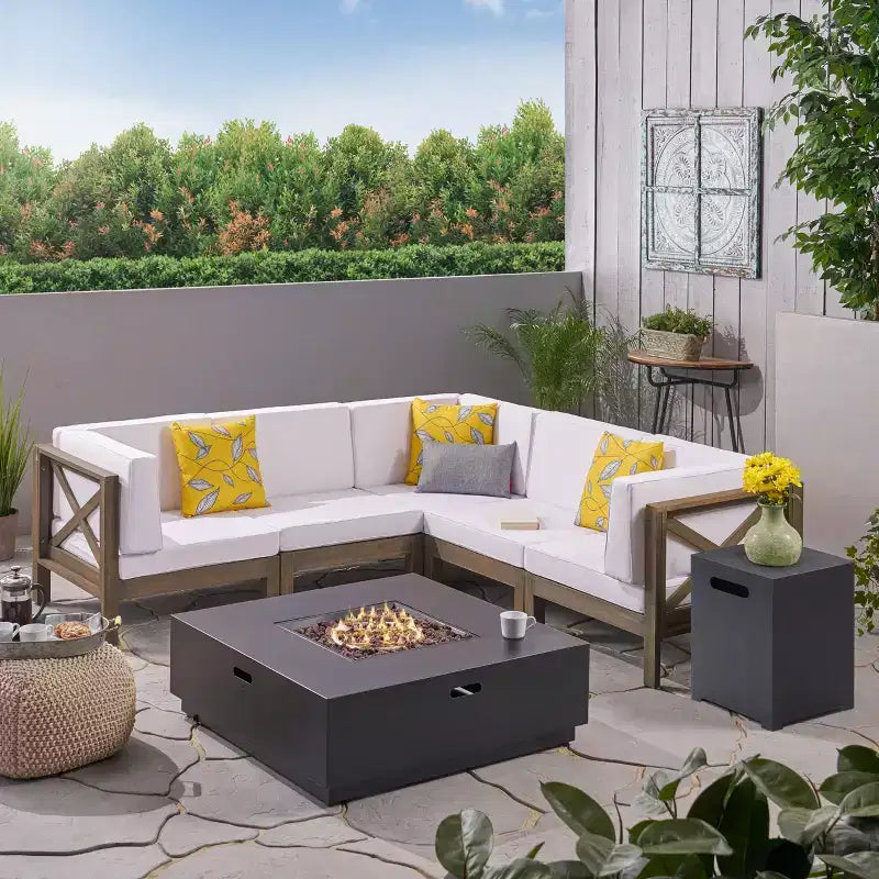 Christopher Knight Home Culatra Outdoor Acacia Wood 5 Seater Sectional Sofa Set with 50,000 BTU Iron Fire Pit