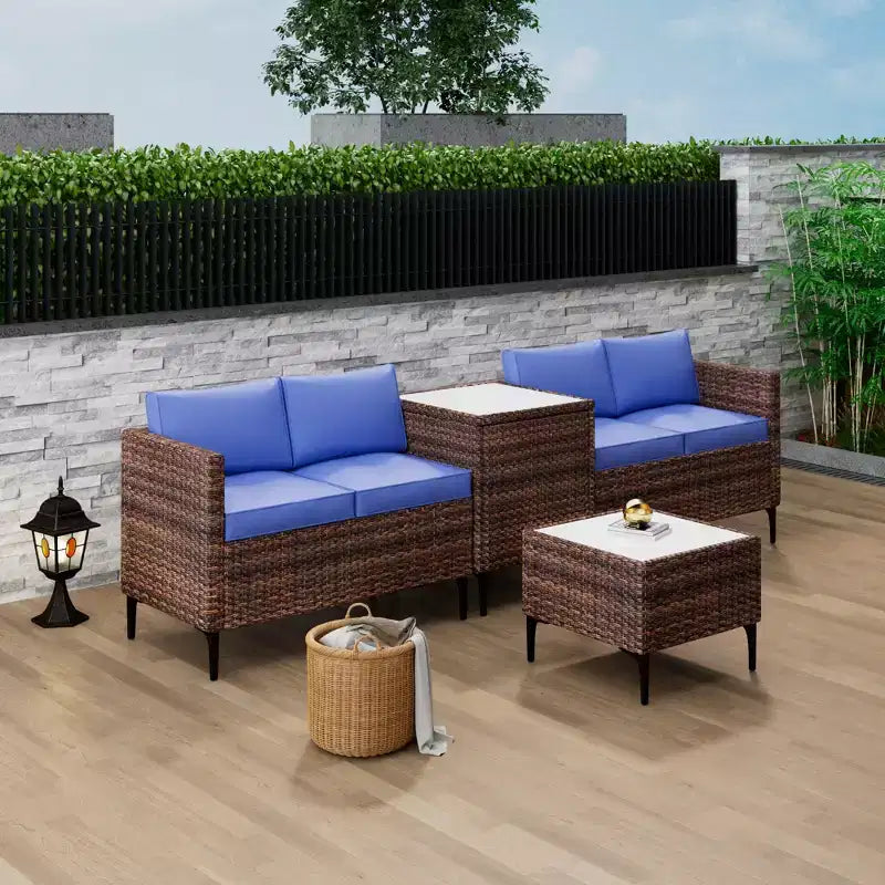 Ensemble de patio 4 pièces en rotin – Sectionnel modulaire avec boîte de rangement et table en verre, résistant aux intempéries pour salon extérieur, balcon