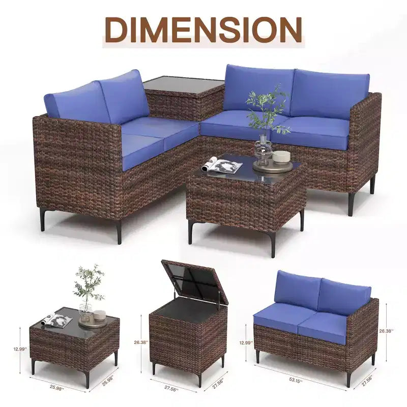 Ensemble de patio 4 pièces en rotin – Sectionnel modulaire avec boîte de rangement et table en verre, résistant aux intempéries pour salon extérieur, balcon
