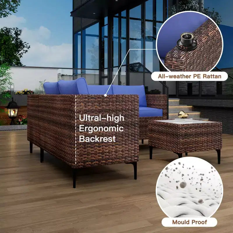 Ensemble de patio 4 pièces en rotin – Sectionnel modulaire avec boîte de rangement et table en verre, résistant aux intempéries pour salon extérieur, balcon