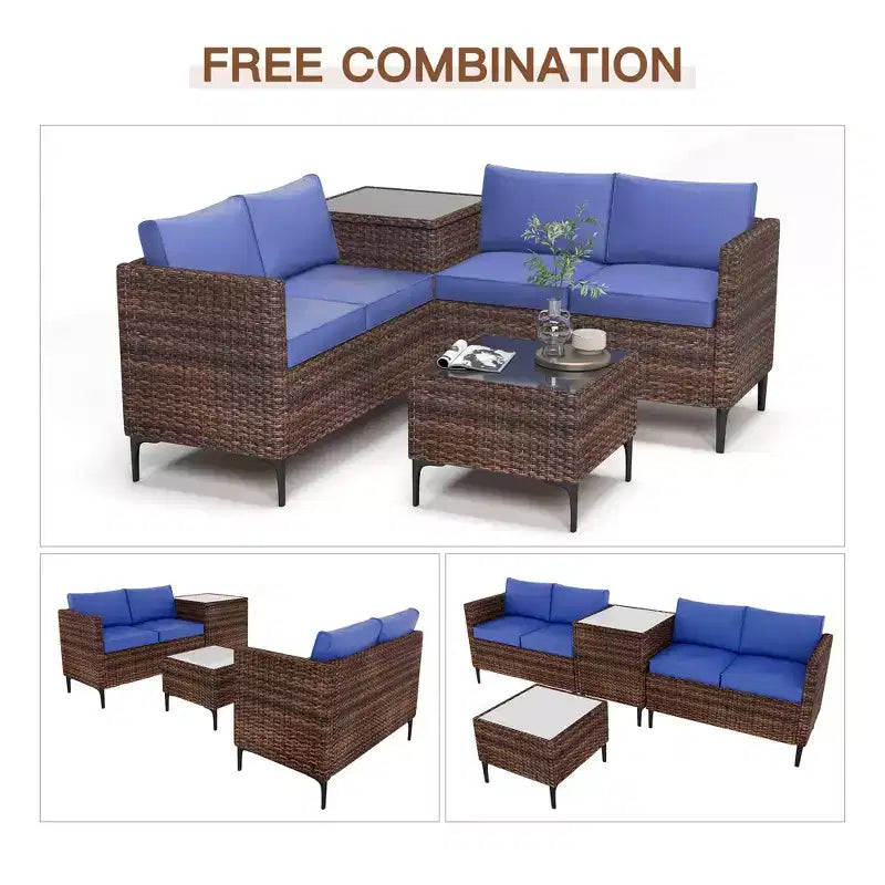 Ensemble de patio 4 pièces en rotin – Sectionnel modulaire avec boîte de rangement et table en verre, résistant aux intempéries pour salon extérieur, balcon