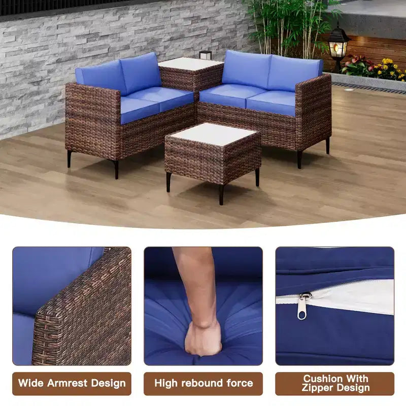 Ensemble de patio 4 pièces en rotin – Sectionnel modulaire avec boîte de rangement et table en verre, résistant aux intempéries pour salon extérieur, balcon