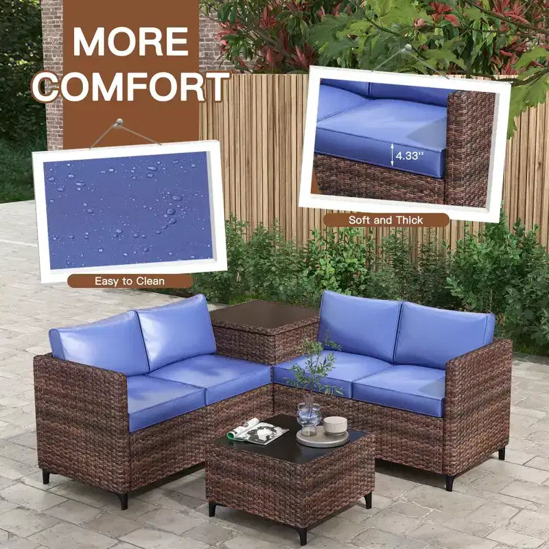 Ensemble de patio 4 pièces en rotin – Sectionnel modulaire avec boîte de rangement et table en verre, résistant aux intempéries pour salon extérieur, balcon