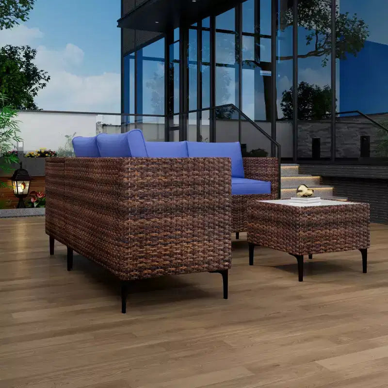 Ensemble de patio 4 pièces en rotin – Sectionnel modulaire avec boîte de rangement et table en verre, résistant aux intempéries pour salon extérieur, balcon