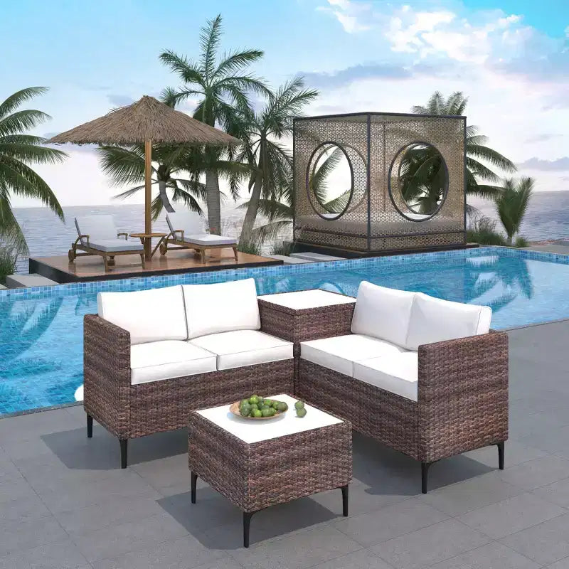 Ensemble de patio 4 pièces en rotin – Sectionnel modulaire avec boîte de rangement et table en verre, résistant aux intempéries pour salon extérieur, balcon