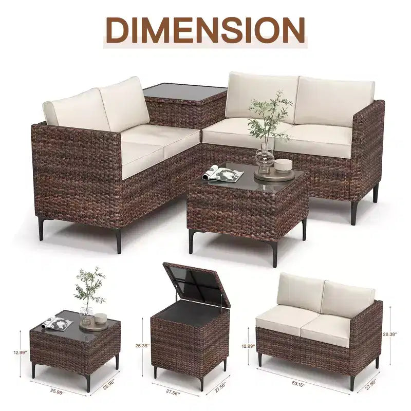 Ensemble de patio 4 pièces en rotin – Sectionnel modulaire avec boîte de rangement et table en verre, résistant aux intempéries pour salon extérieur, balcon
