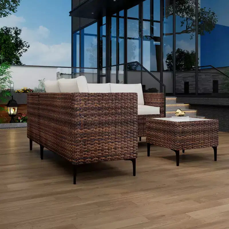 Ensemble de patio 4 pièces en rotin – Sectionnel modulaire avec boîte de rangement et table en verre, résistant aux intempéries pour salon extérieur, balcon