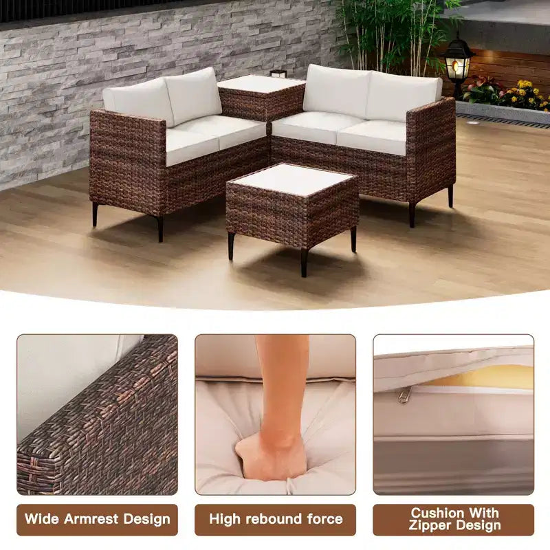 Ensemble de patio 4 pièces en rotin – Sectionnel modulaire avec boîte de rangement et table en verre, résistant aux intempéries pour salon extérieur, balcon
