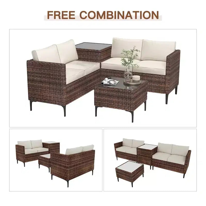 Ensemble de patio 4 pièces en rotin – Sectionnel modulaire avec boîte de rangement et table en verre, résistant aux intempéries pour salon extérieur, balcon