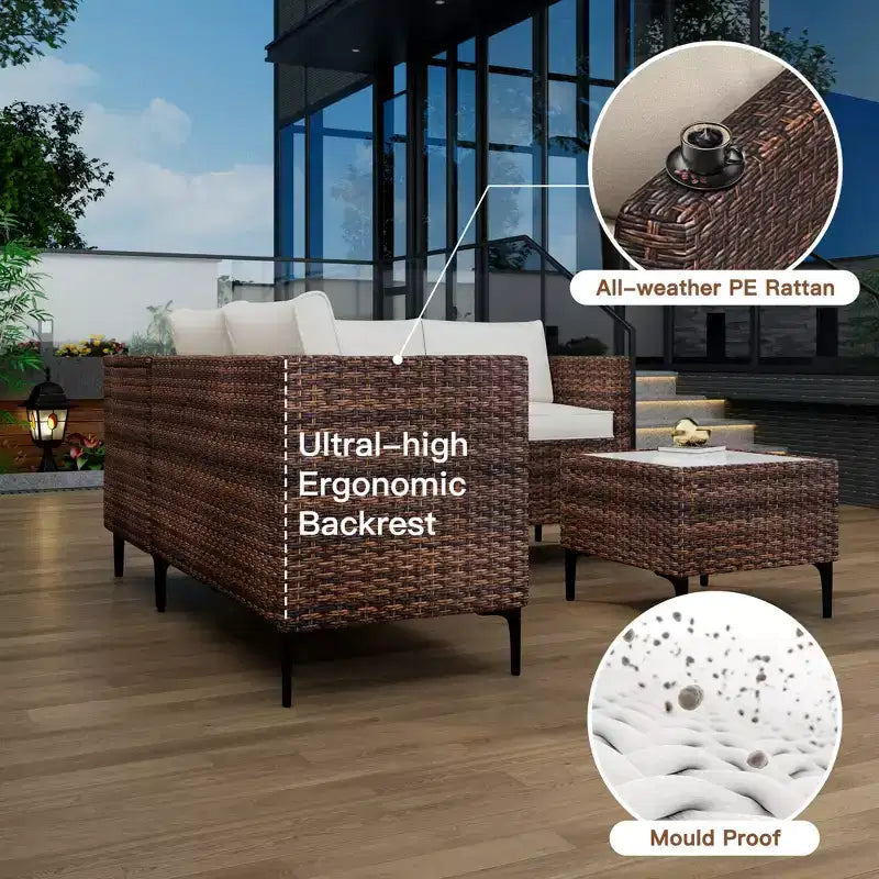 Ensemble de patio 4 pièces en rotin – Sectionnel modulaire avec boîte de rangement et table en verre, résistant aux intempéries pour salon extérieur, balcon