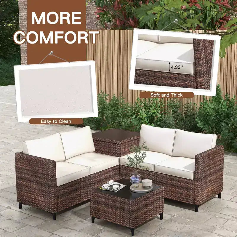 Ensemble de patio 4 pièces en rotin – Sectionnel modulaire avec boîte de rangement et table en verre, résistant aux intempéries pour salon extérieur, balcon