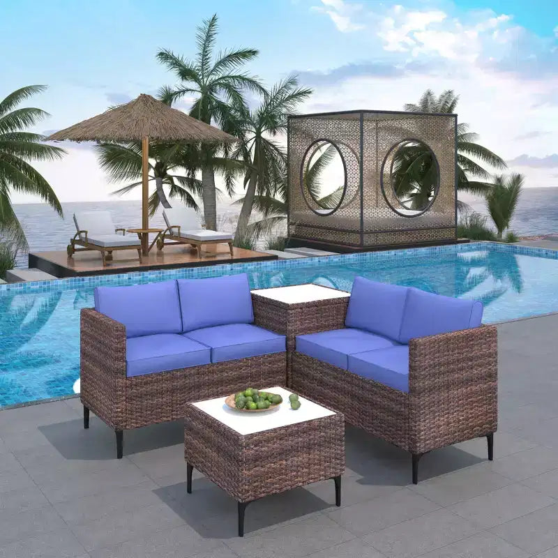 4-Piece Rattan Patio Set  Modular Sectional with Storage Box & Glass Table, Weather-Resistant for Outdoor Lounge, Balcony