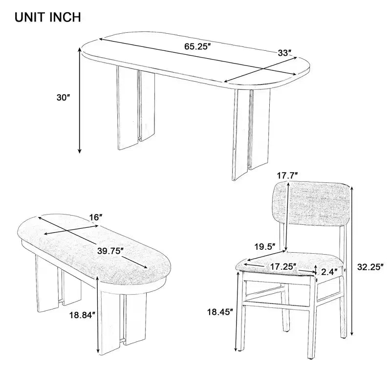 Ensemble de salle à manger Whisen 6 pièces en bois massif avec banc et chaises rembourrées pour cuisine ou salle à manger, style ferme moderne, disponible en 2 couleurs classiques