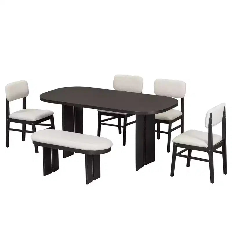 Ensemble de salle à manger Whisen 6 pièces en bois massif avec banc et chaises rembourrées pour cuisine ou salle à manger, style ferme moderne, disponible en 2 couleurs classiques