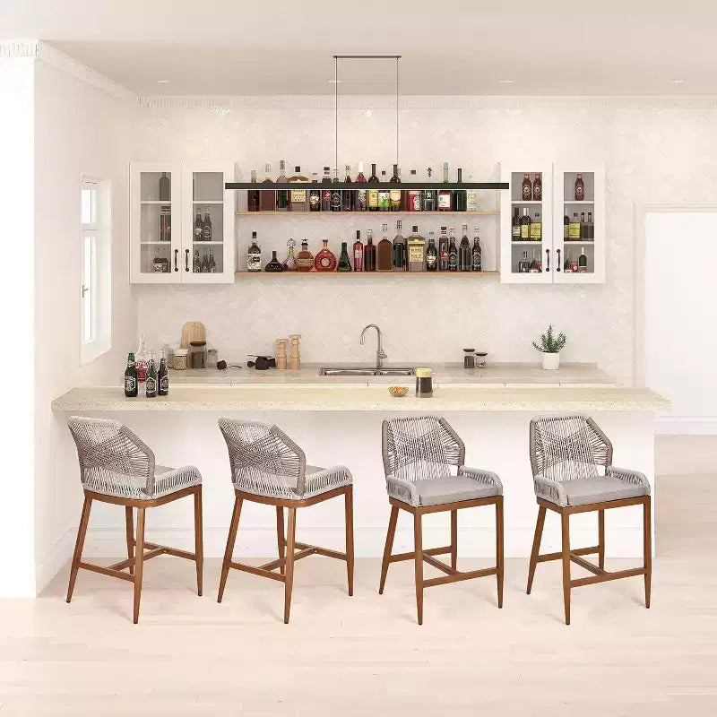 Tabourets de bar en rotin, lot de 2 chaises de bar d'extérieur avec dossier et cadre en aluminium, finition naturelle