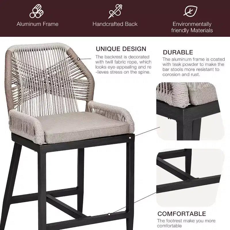 Tabourets de bar en rotin, lot de 2 chaises de bar d'extérieur avec dossier et cadre en aluminium, finition naturelle