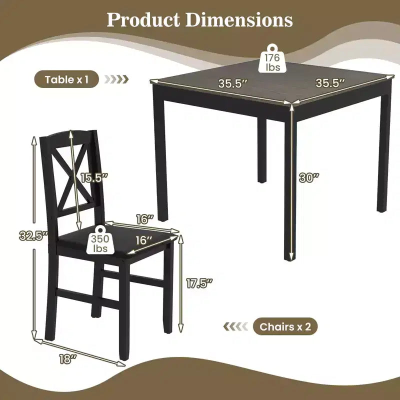 Ensemble de salle à manger 3 pièces Costway – Table carrée en bois et 2 chaises rembourrées – Marron/Gris