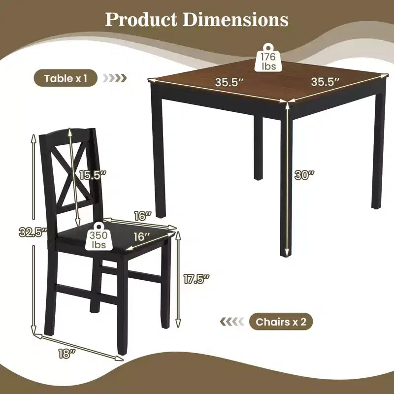 Ensemble de salle à manger 3 pièces Costway – Table carrée en bois et 2 chaises rembourrées – Marron/Gris