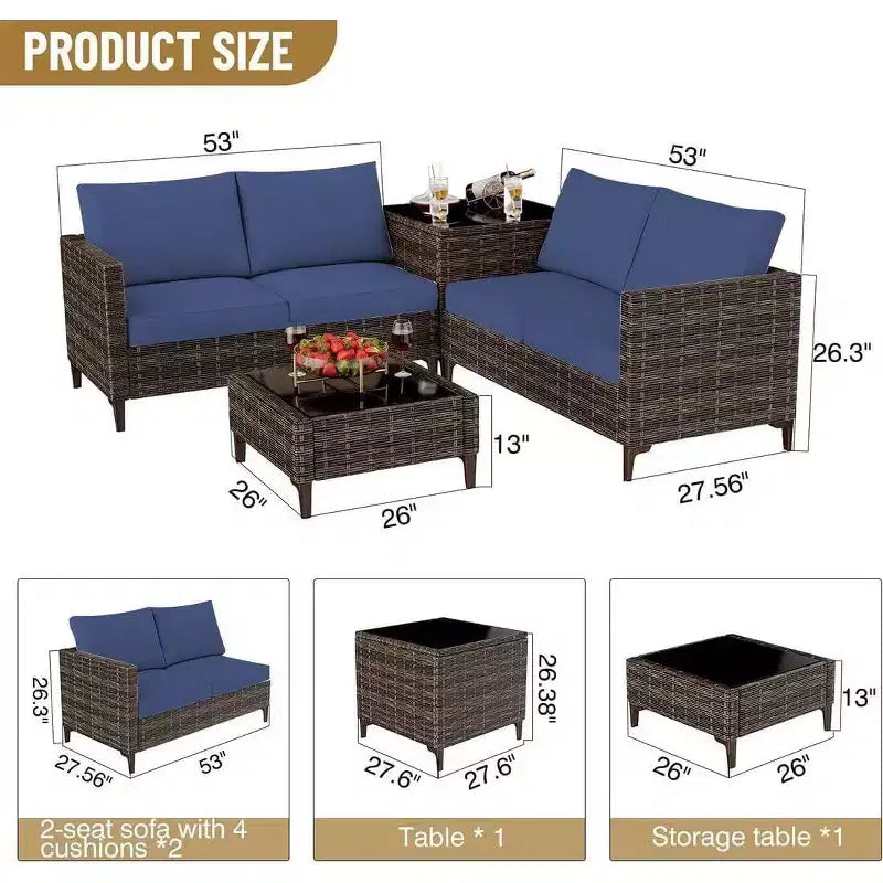 4-Piece Outdoor Patio Set, Rattan Wicker Sectional Furniture with Storage Box and Glass Top Table for Backyard