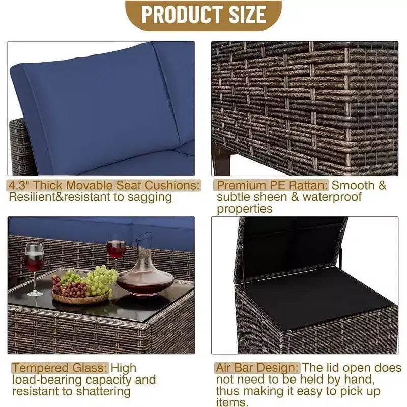 4-Piece Outdoor Patio Set, Rattan Wicker Sectional Furniture with Storage Box and Glass Top Table for Backyard
