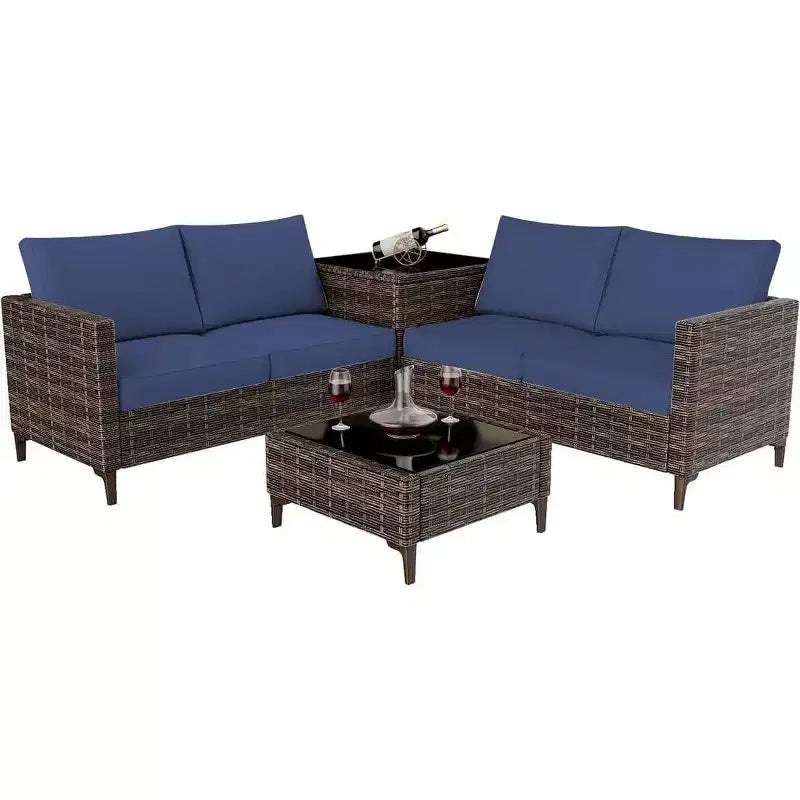 4-Piece Outdoor Patio Set, Rattan Wicker Sectional Furniture with Storage Box and Glass Top Table for Backyard