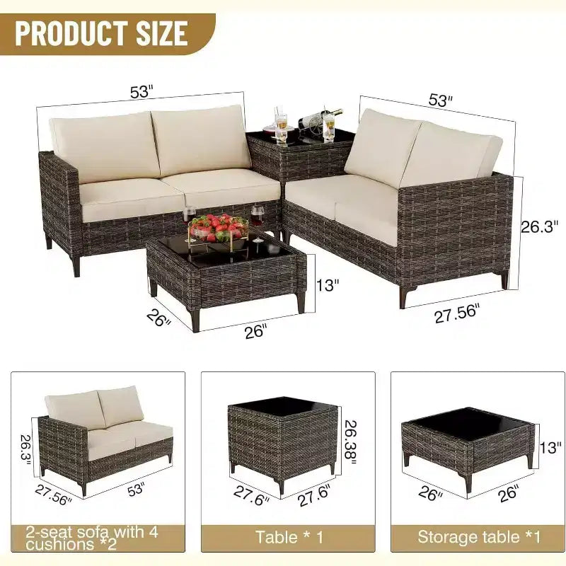 4-Piece Outdoor Patio Set, Rattan Wicker Sectional Furniture with Storage Box and Glass Top Table for Backyard