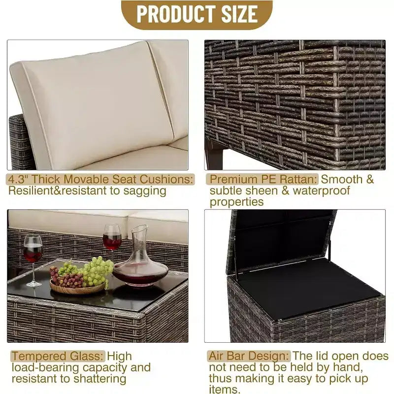 4-Piece Outdoor Patio Set, Rattan Wicker Sectional Furniture with Storage Box and Glass Top Table for Backyard