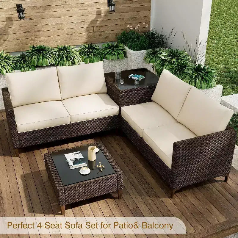 4-Piece Outdoor Patio Set, Rattan Wicker Sectional Furniture with Storage Box and Glass Top Table for Backyard