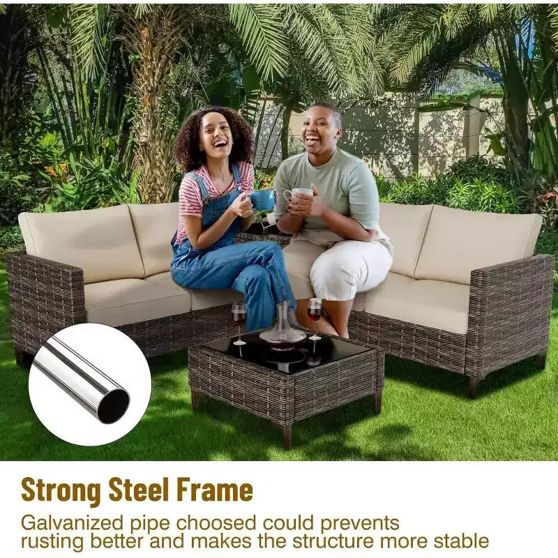 4-Piece Outdoor Patio Set, Rattan Wicker Sectional Furniture with Storage Box and Glass Top Table for Backyard