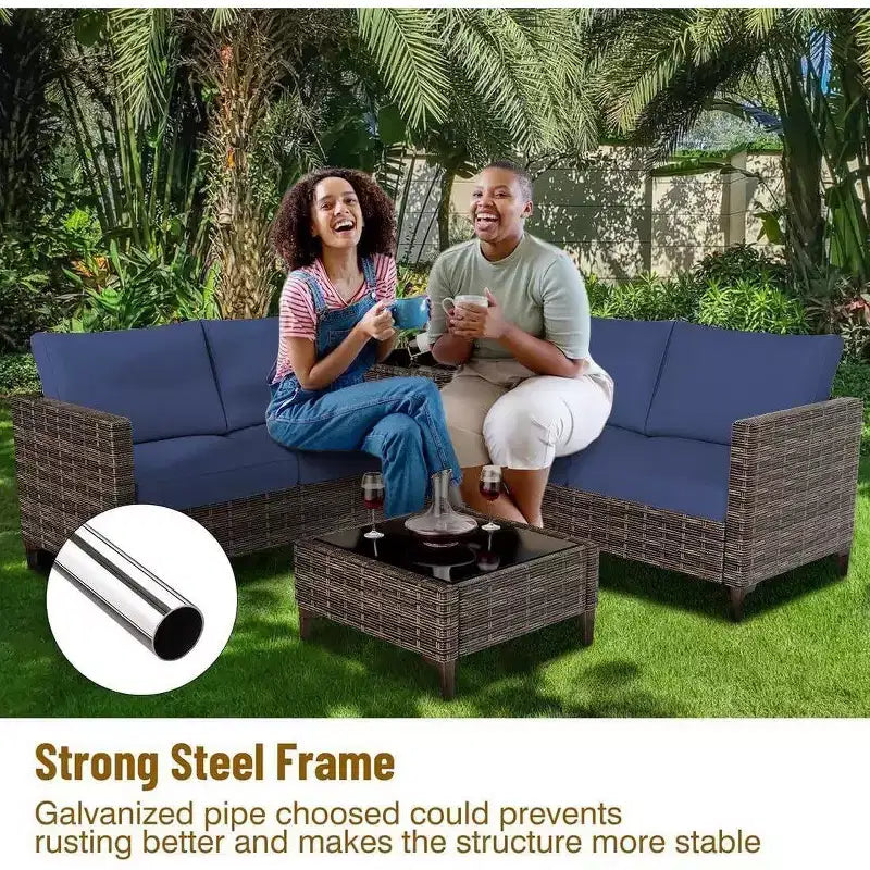 4-Piece Outdoor Patio Set, Rattan Wicker Sectional Furniture with Storage Box and Glass Top Table for Backyard