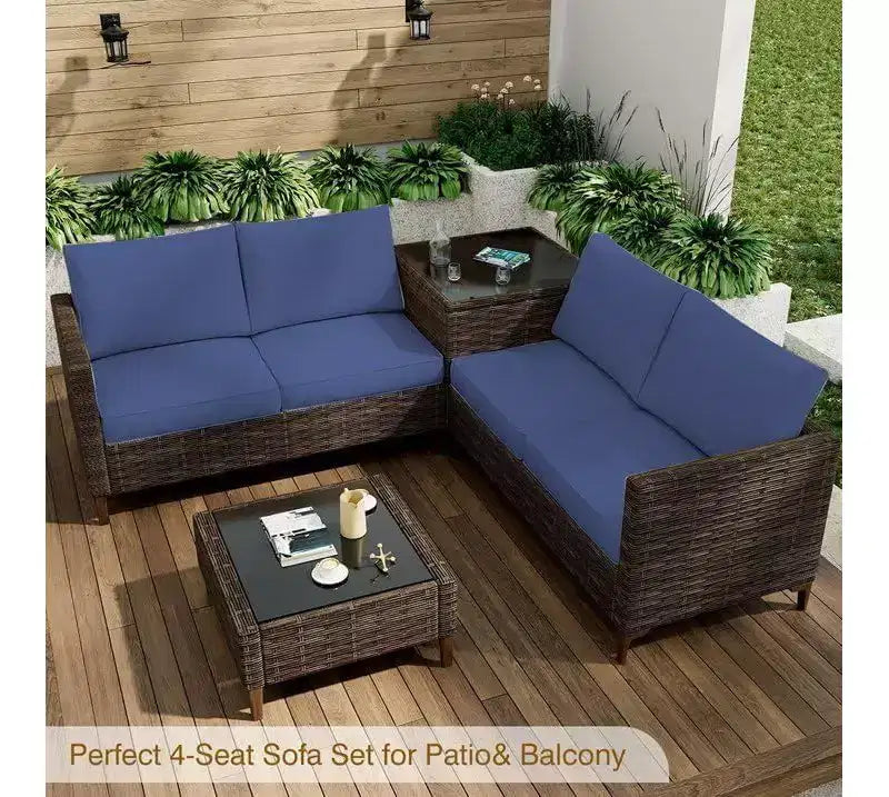 4-Piece Outdoor Patio Set, Rattan Wicker Sectional Furniture with Storage Box and Glass Top Table for Backyard