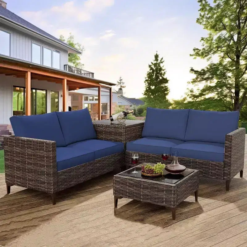 4-Piece Outdoor Patio Set, Rattan Wicker Sectional Furniture with Storage Box and Glass Top Table for Backyard