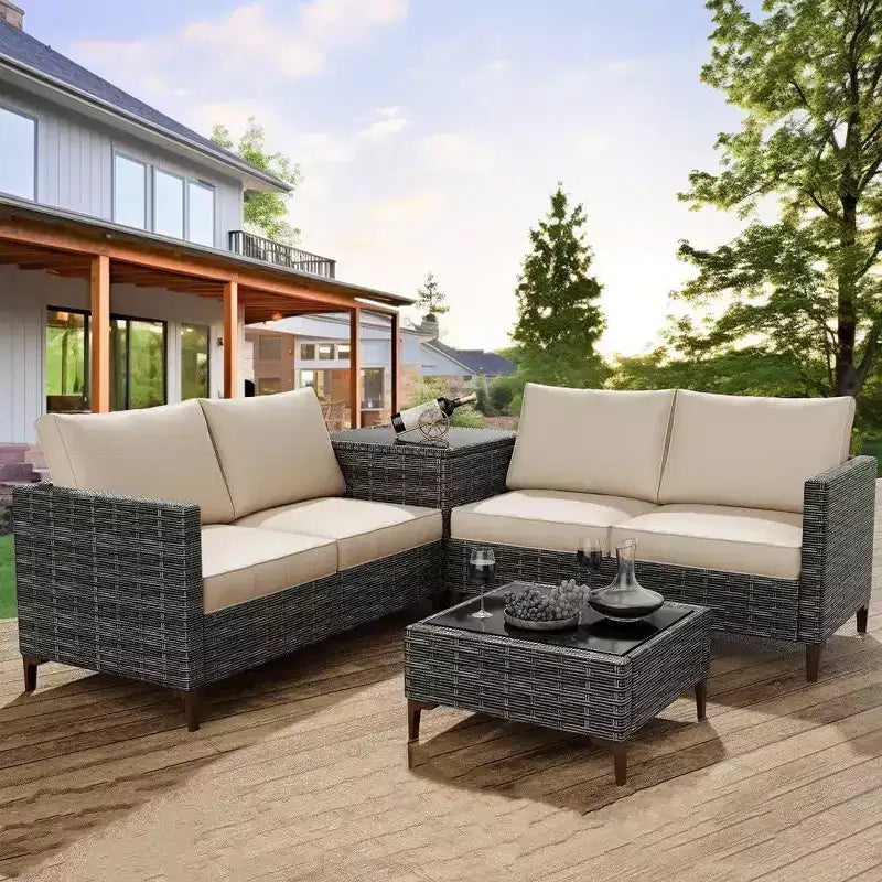 4-Piece Outdoor Patio Set, Rattan Wicker Sectional Furniture with Storage Box and Glass Top Table for Backyard