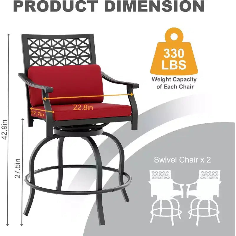 Acekool 2-Pack Outdoor Swivel Bar Stools with Cushions, 360 Rotating Counter Height Patio Chairs with Armrest & Backrest