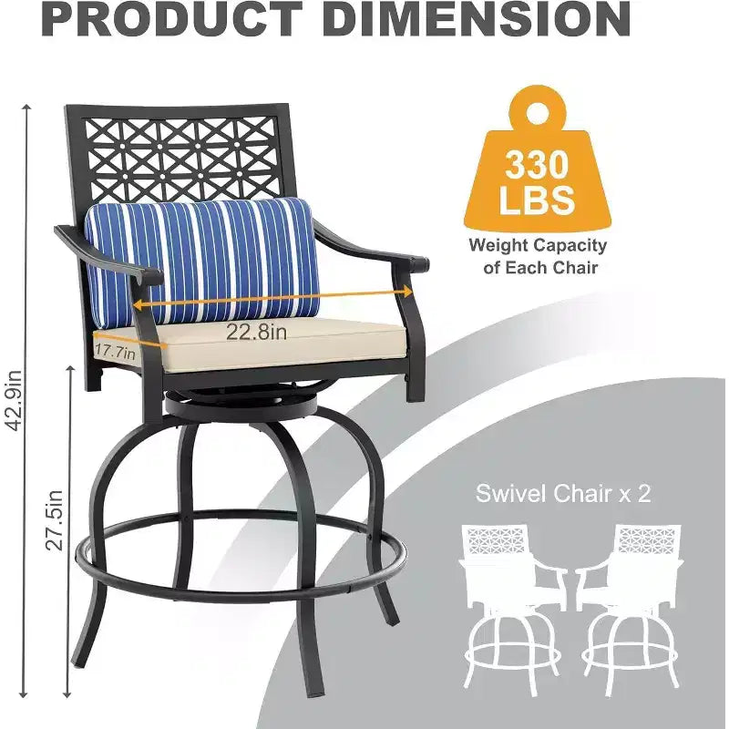 Acekool 2-Pack Outdoor Swivel Bar Stools with Cushions, 360 Rotating Counter Height Patio Chairs with Armrest & Backrest