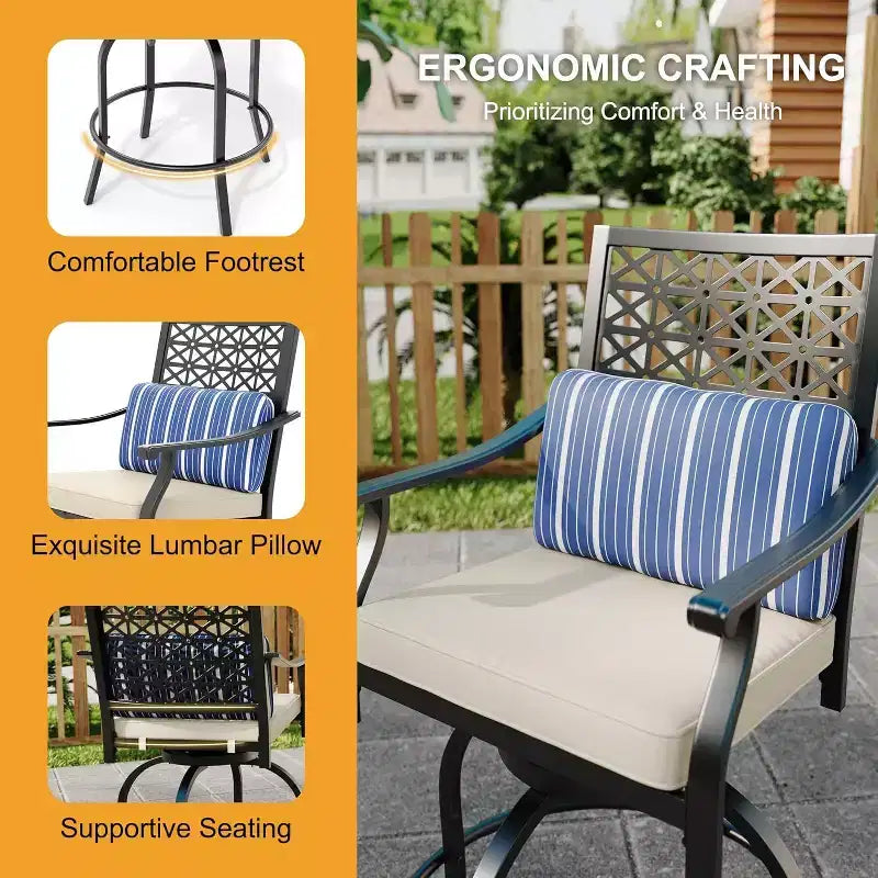 Acekool 2-Pack Outdoor Swivel Bar Stools with Cushions, 360 Rotating Counter Height Patio Chairs with Armrest & Backrest